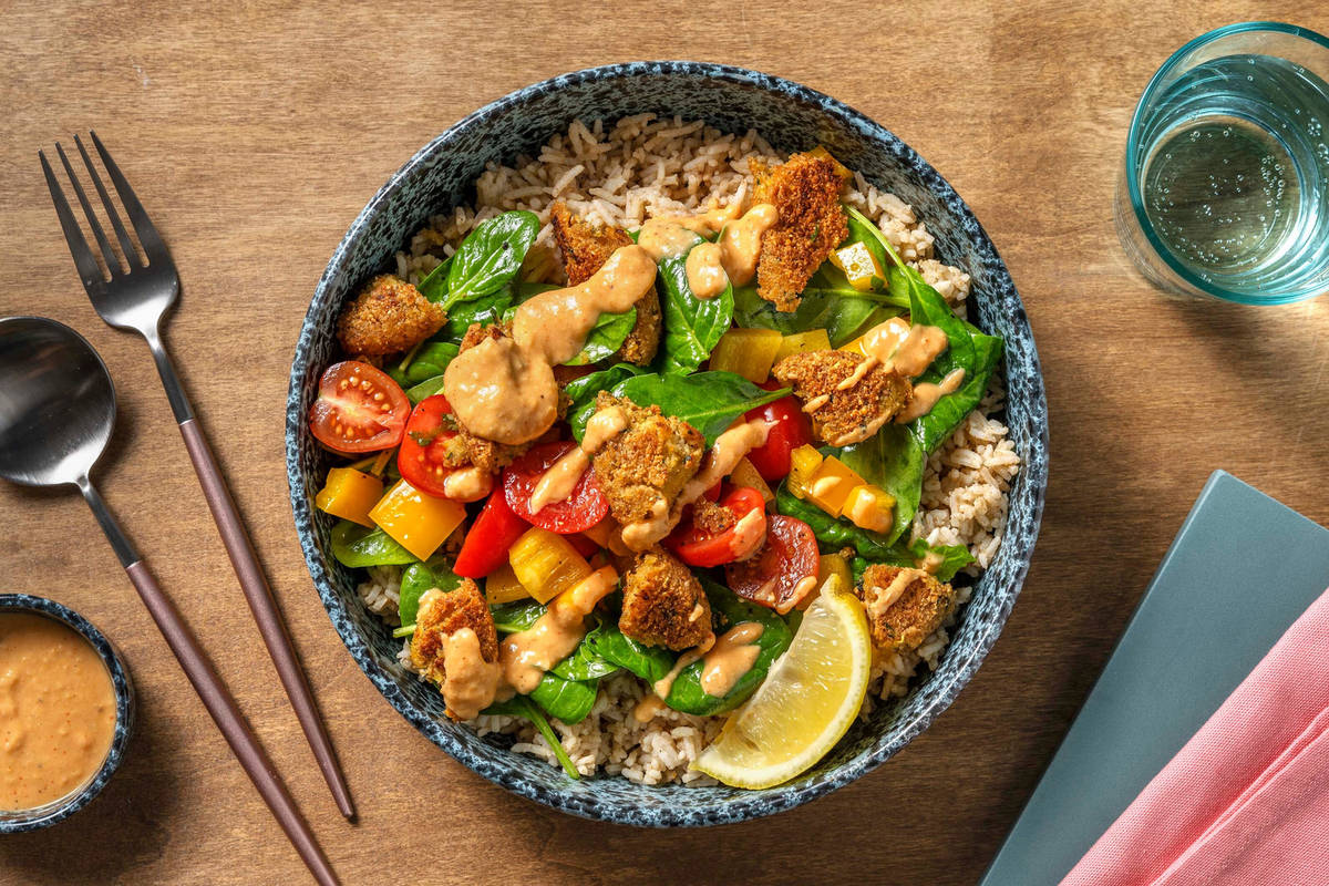 Harissa Hummus Chicken Breast and Falafel Bowls