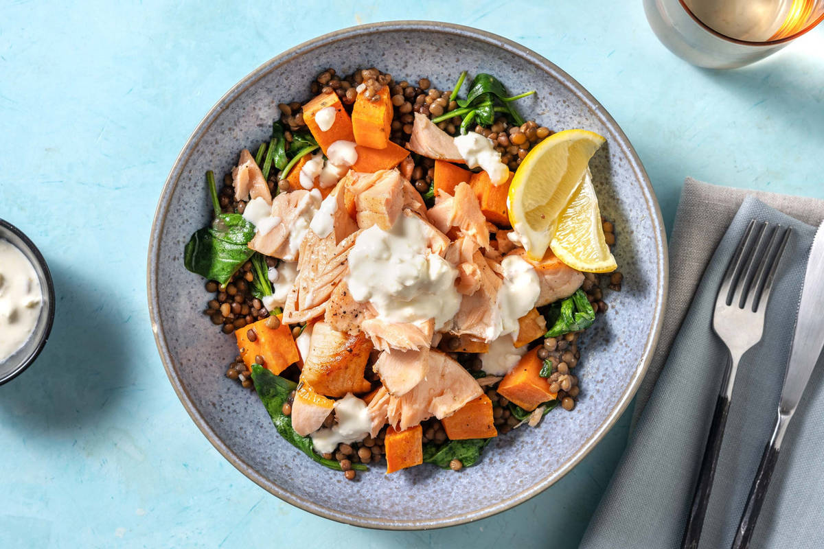 Carb Smart Salmon and Lemony Lentil Bowls