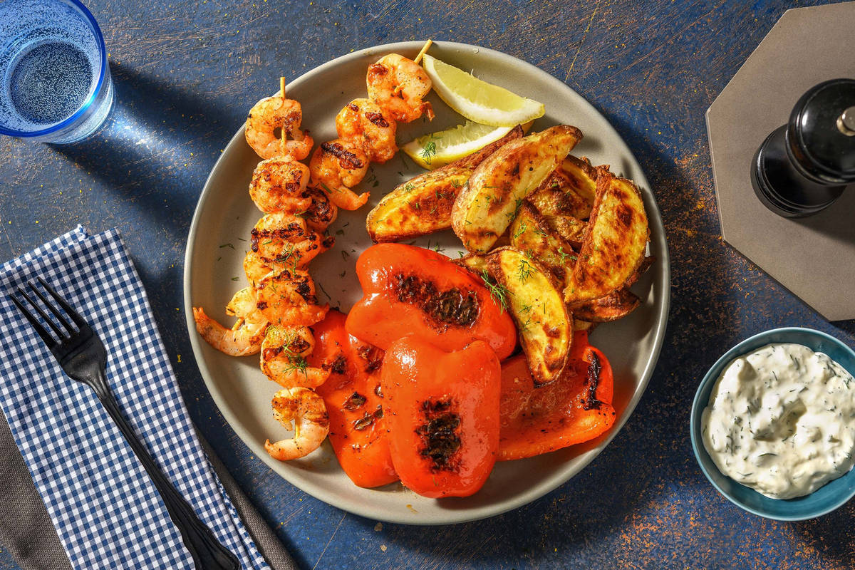Old Bay Shrimp Skewers and Dill-Garlic Sauce