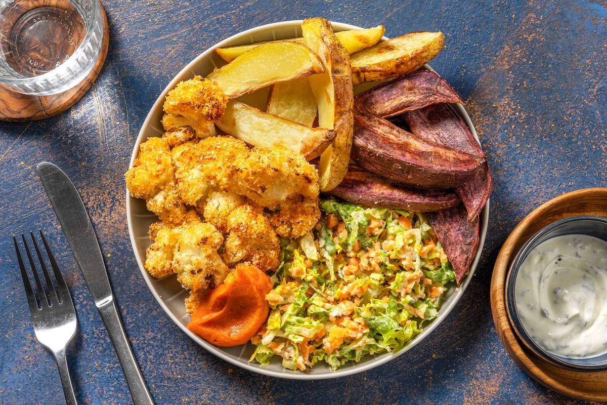 Buffalo-Blumenkohl-Bites mit lila Süsskartoffeln