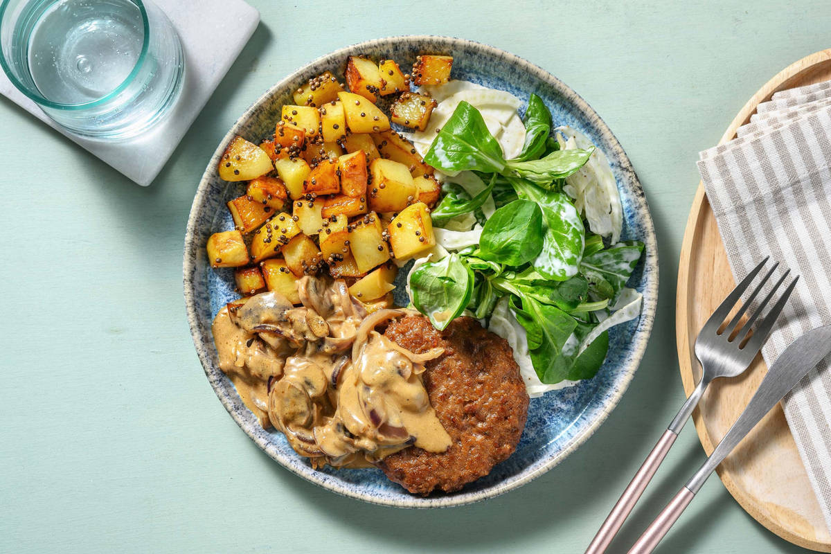 Burger végétarien et sauce crémeuse aux champignons maison