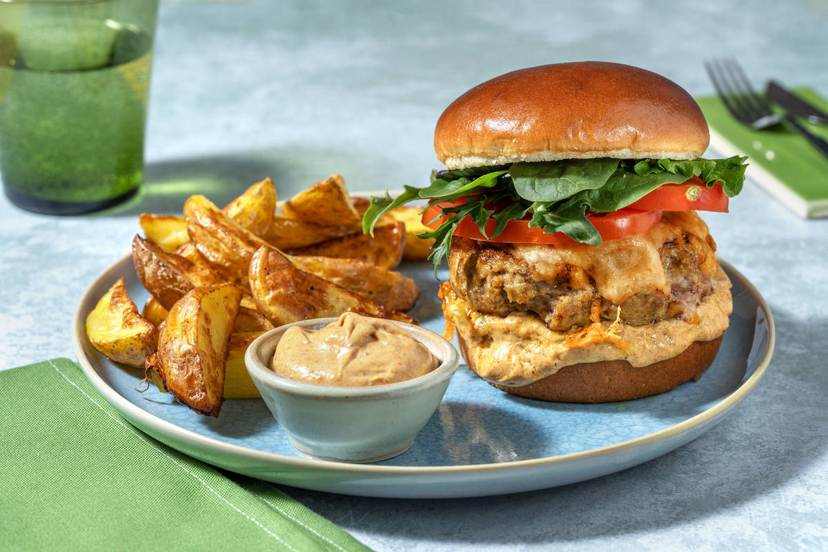Currywurst-Inspired Pork Cheeseburger