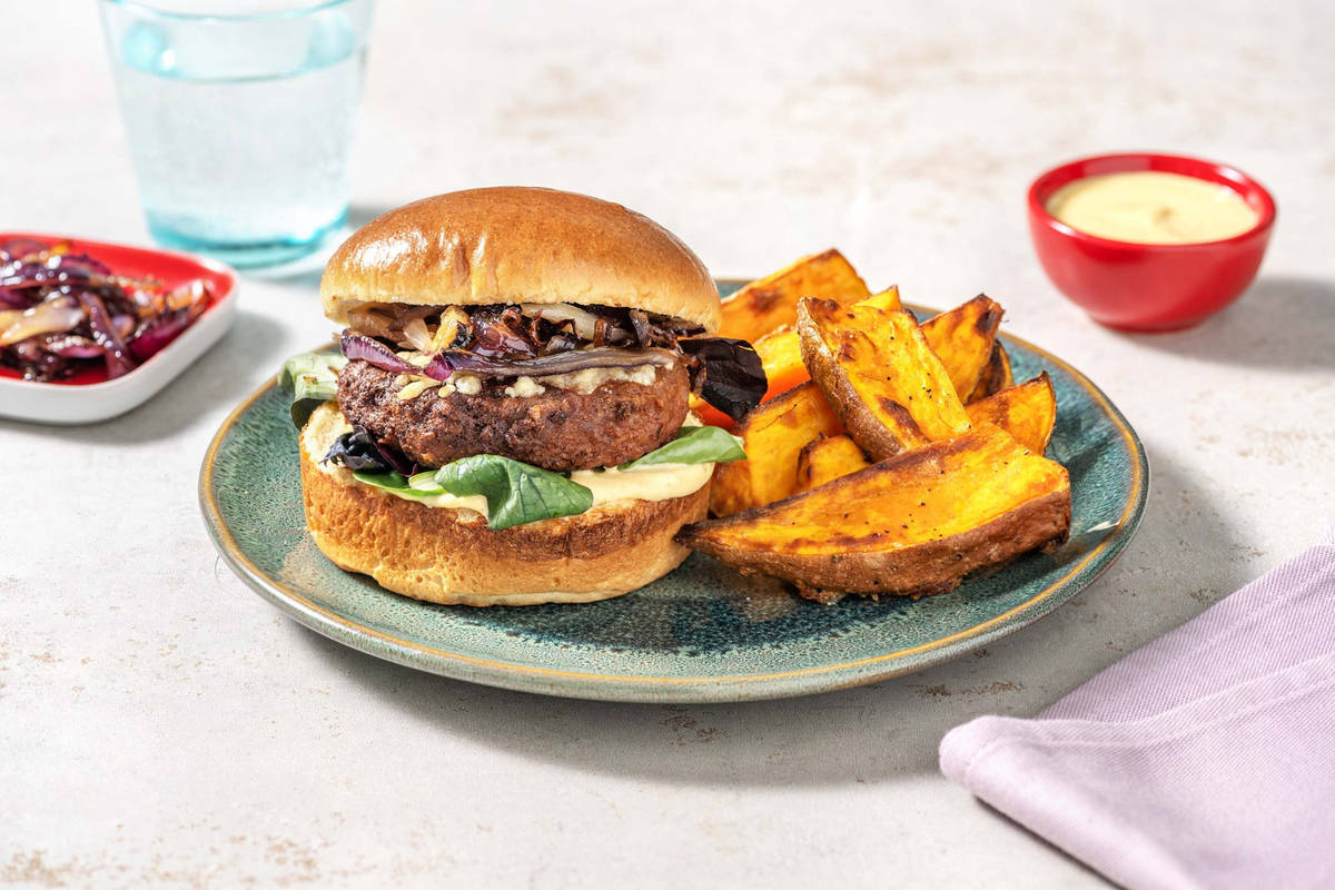 Burgers végé et oignons caramélisés