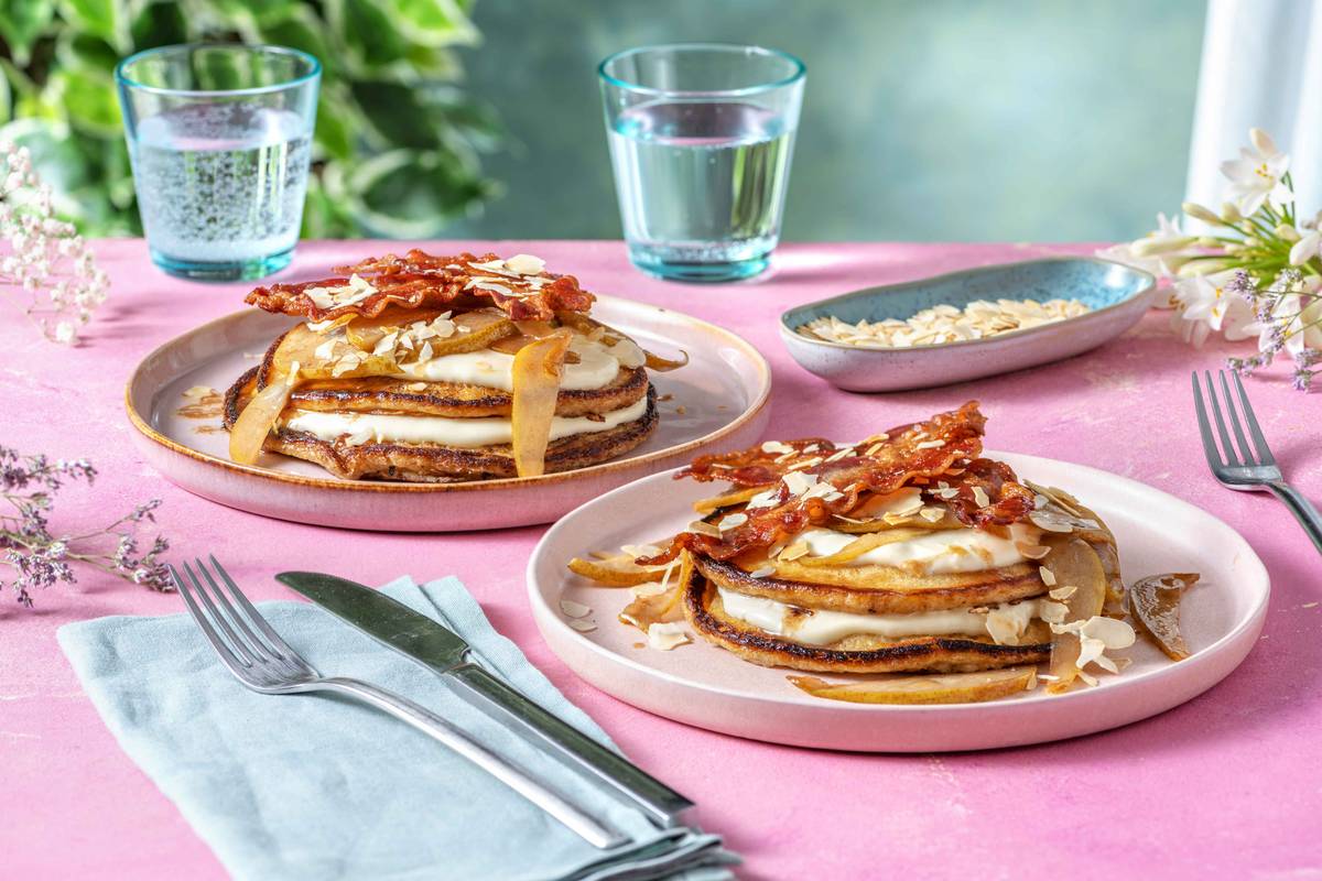 Buttery Honeyed Cinnamon Pears and Crispy Bacon with Pancakes and Toasted Almonds