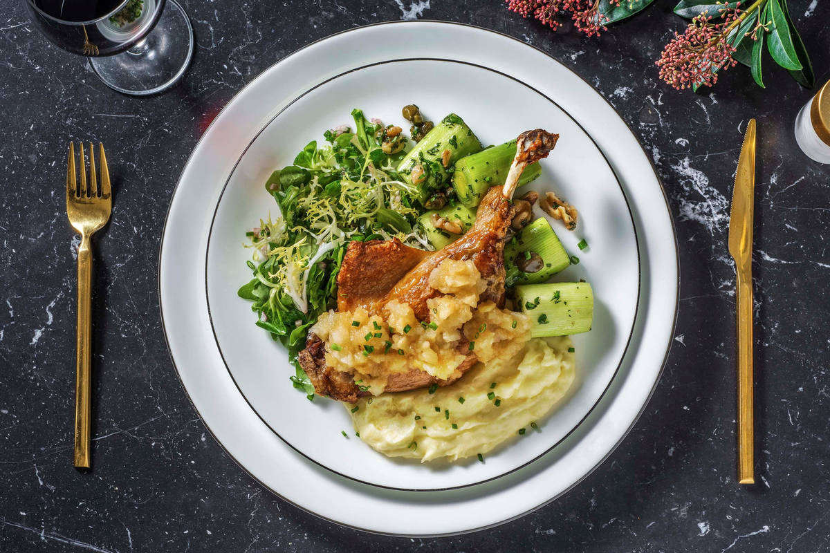 Canard confi et poireau mariné