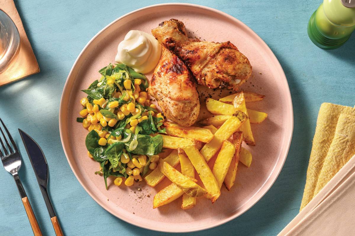Cherry-BBQ Chicken Drumsticks & Fries