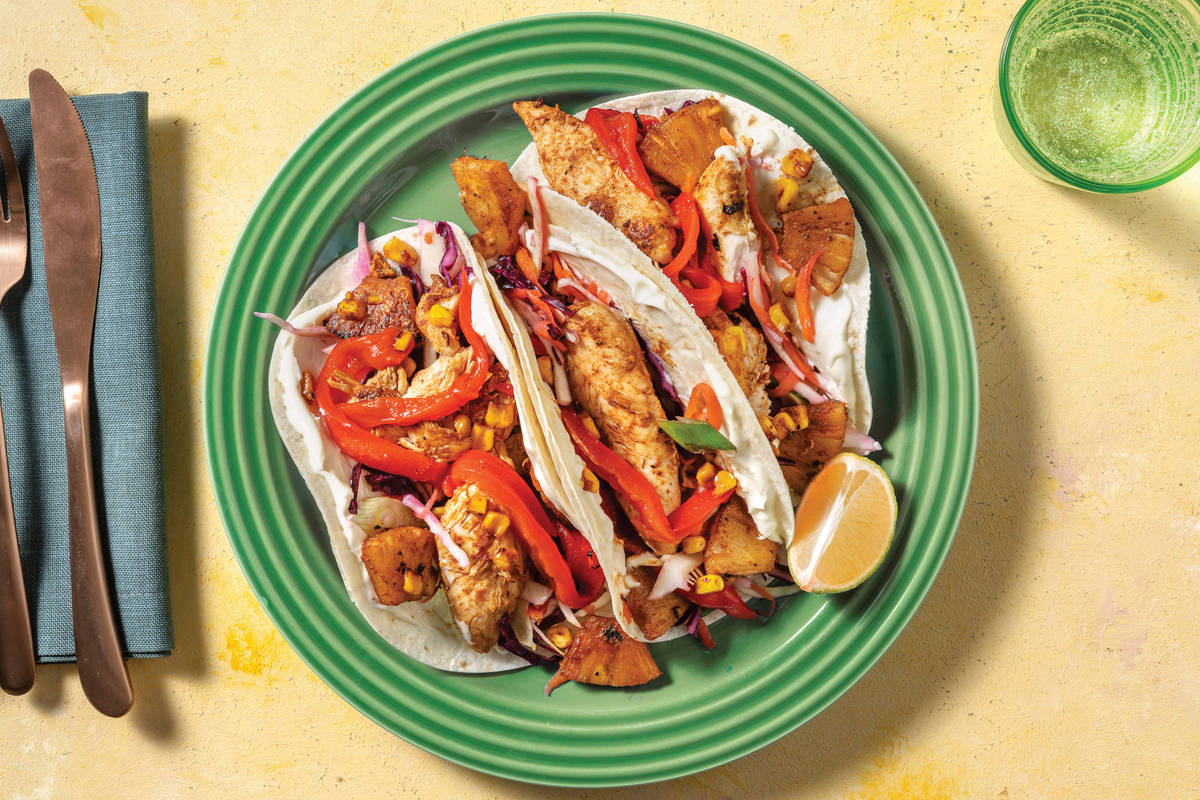 Caribbean Chicken Tacos with Slaw & Garlic Aioli