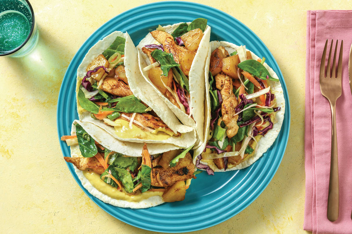 Caribbean Chicken Tacos with Slaw & Mango Mayo