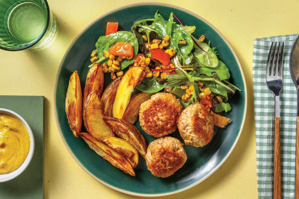 Caribbean-Spiced Pork Rissoles with Wedges, Corn Salad & Mango Mayo