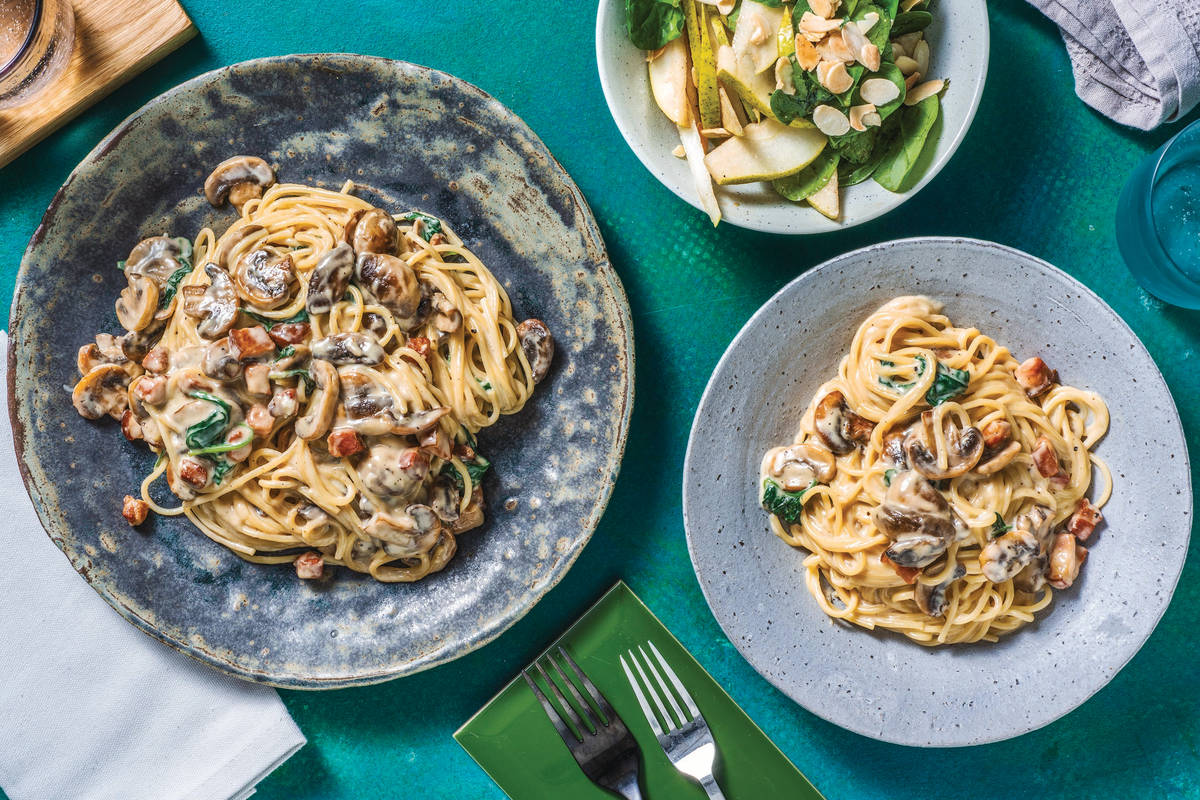 Creamy Bacon, Mushroom & Cheese Spaghetti