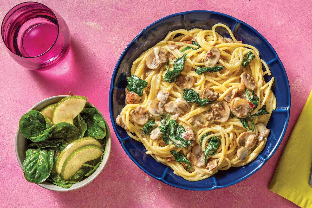 Creamy Bacon, Mushroom & Cheese Spaghetti