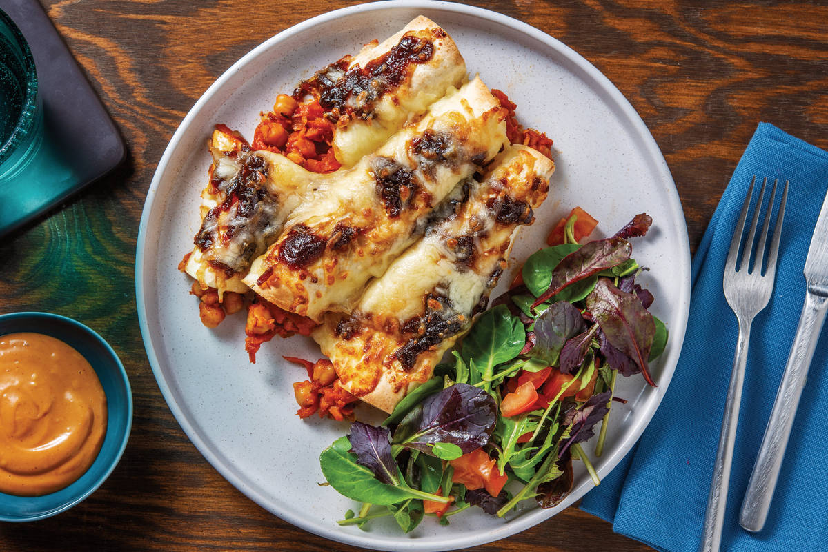 Cheesy BBQ Smashed Chickpea Enchiladas