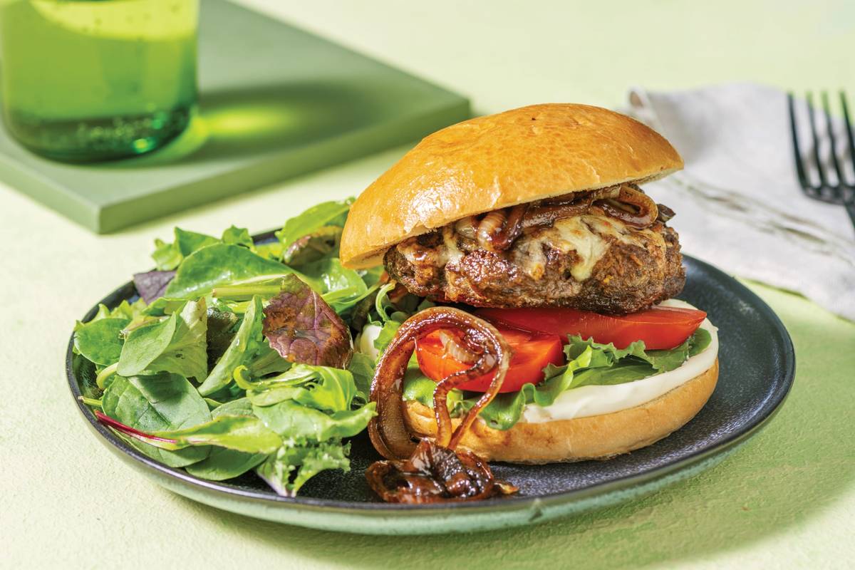 Cheesy Beef, Bacon & Sticky Onion Burger