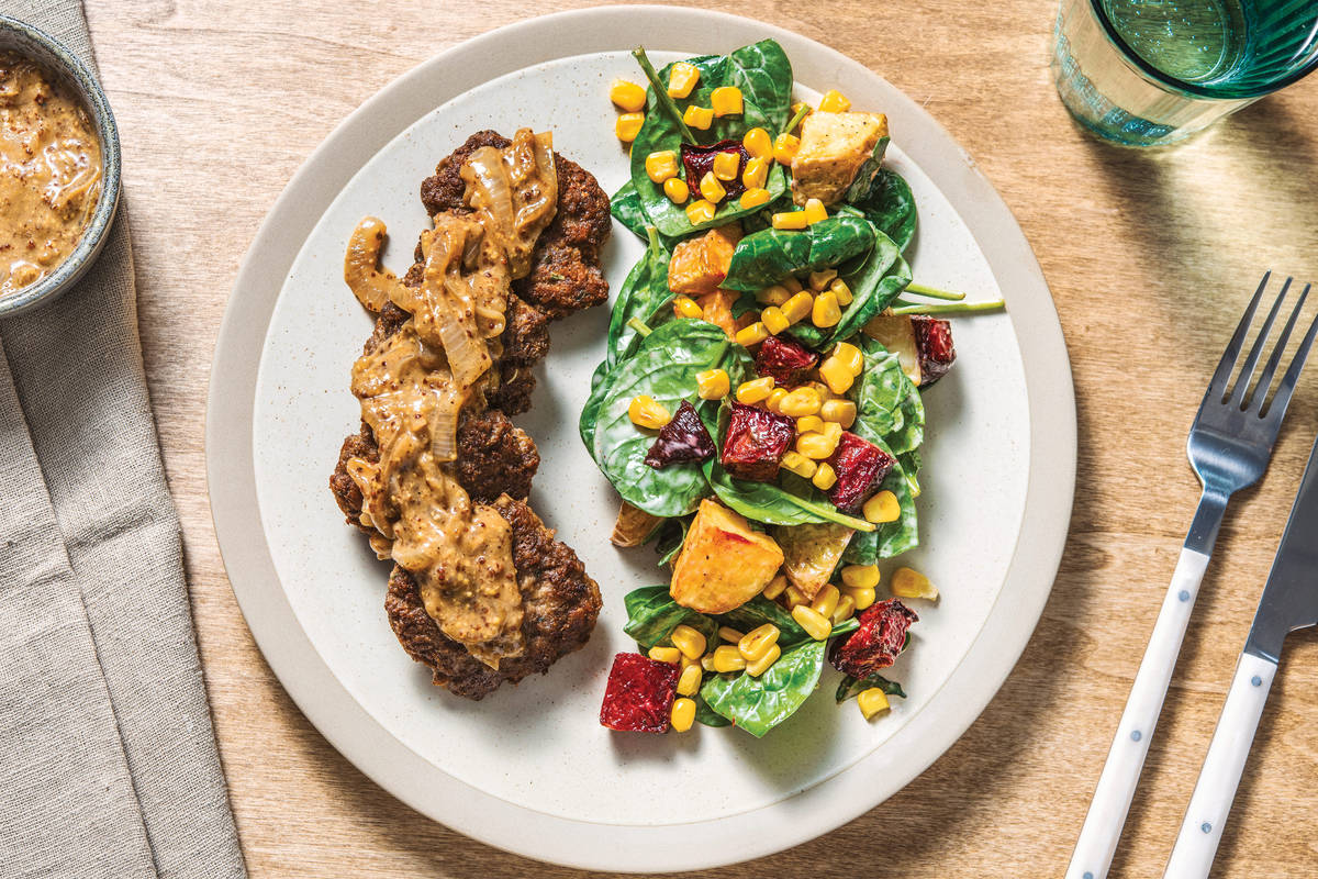 Cheesy Beef Rissoles & Balsamic-Mustard Onions