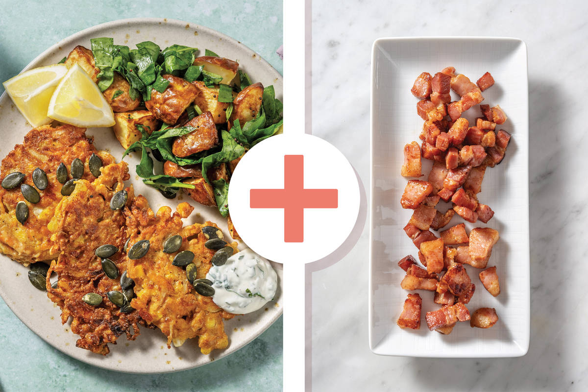 Cheesy Mumbai Bacon Fritters & Potato Toss