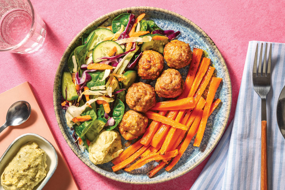 Cheesy Pork Meatballs & Carrot Fries