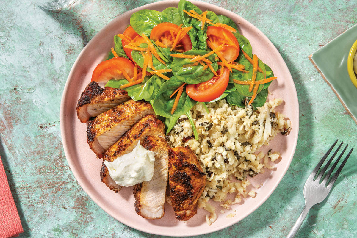 Chermoula Pork & Cauliflower-Currant Rice