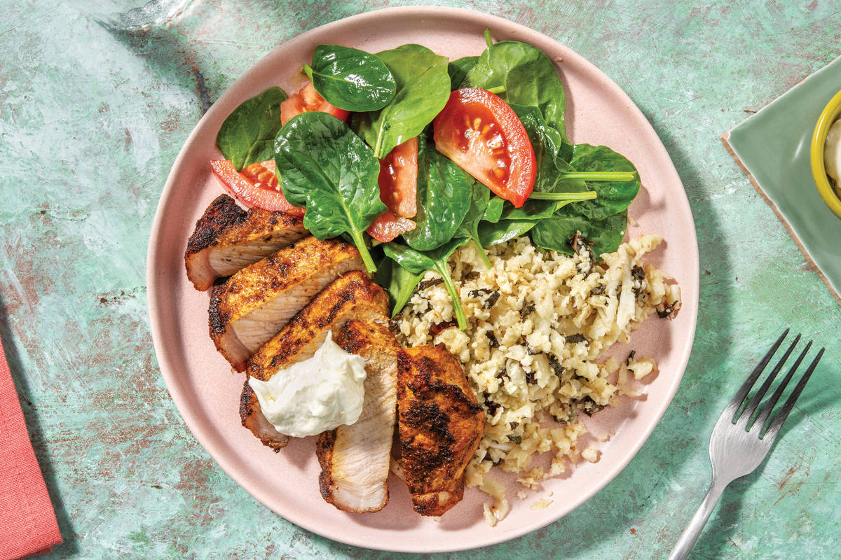 Chermoula Pork & Cauliflower-Currant Rice