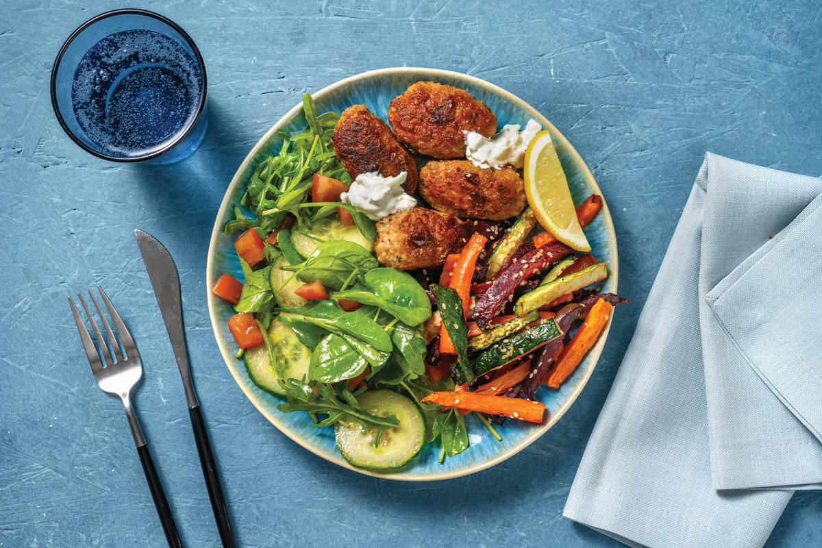 Spiced Pork Rissoles & Sesame Veggie Fries