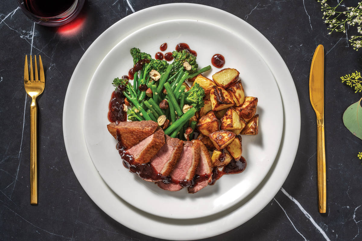 Cherry-Glazed Duck & Hazelnut-Balsamic Greens