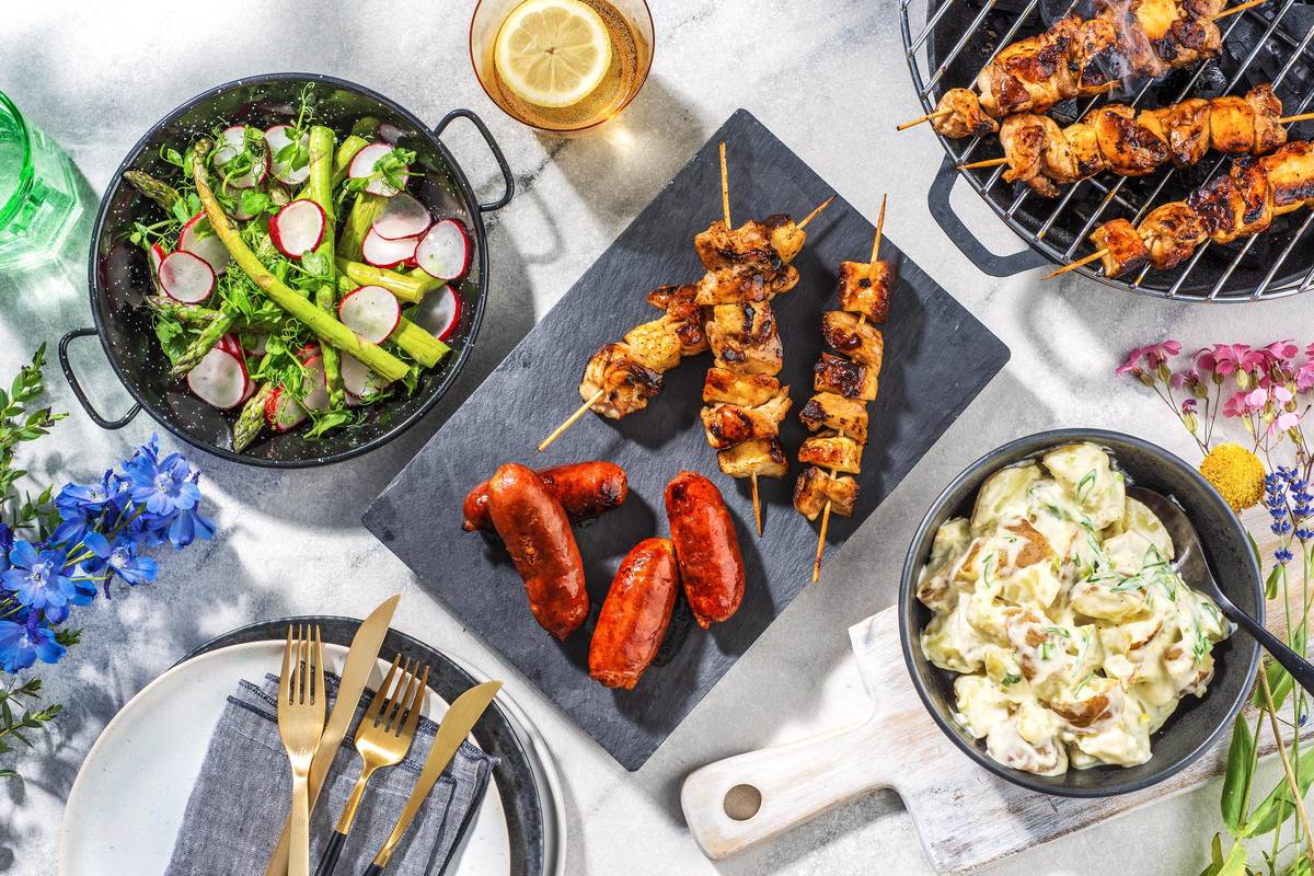Chicken and Halloumi skewers, Chorizo Sausages
