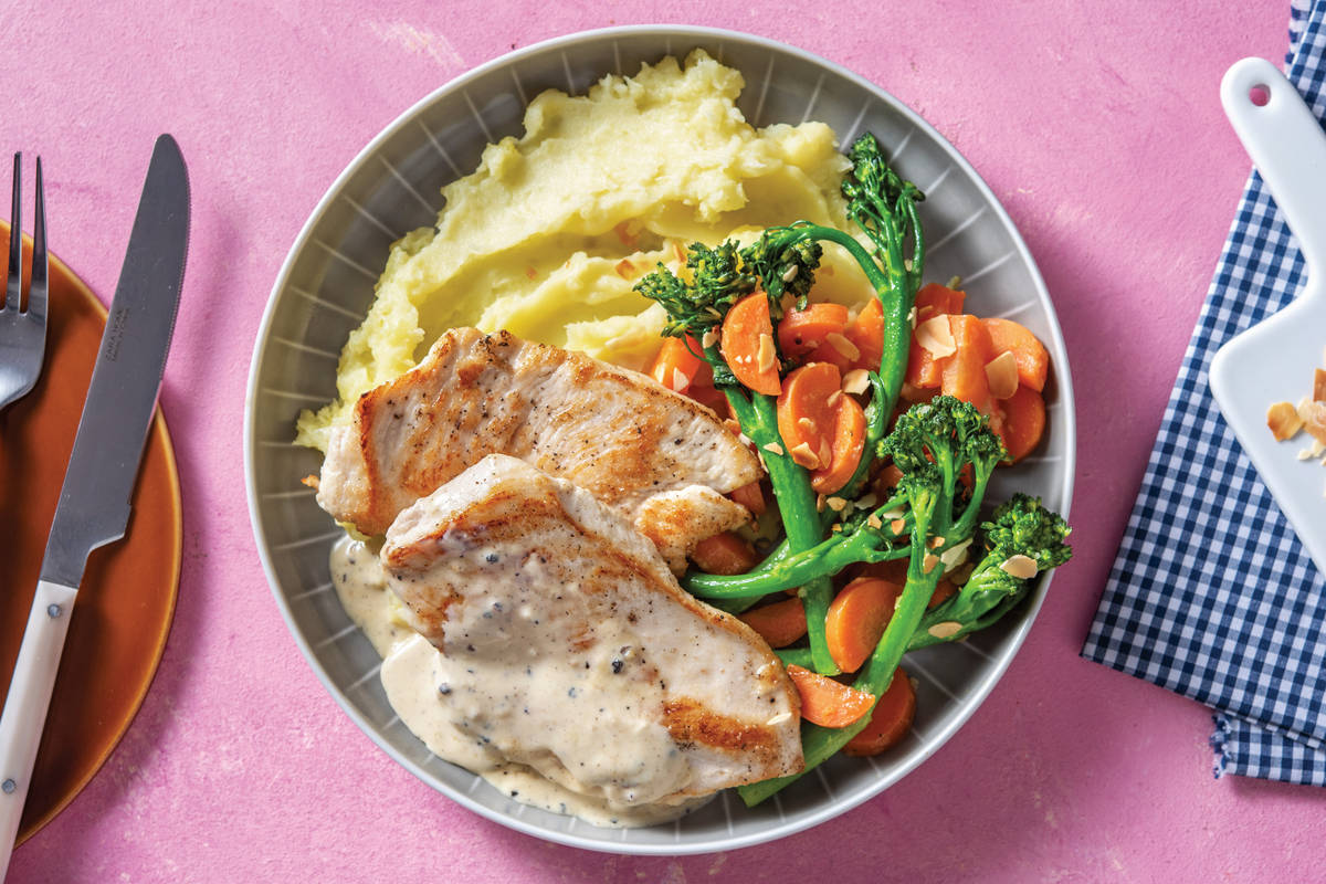 Chicken & Creamy Peppercorn Sauce with Mash & Veggies