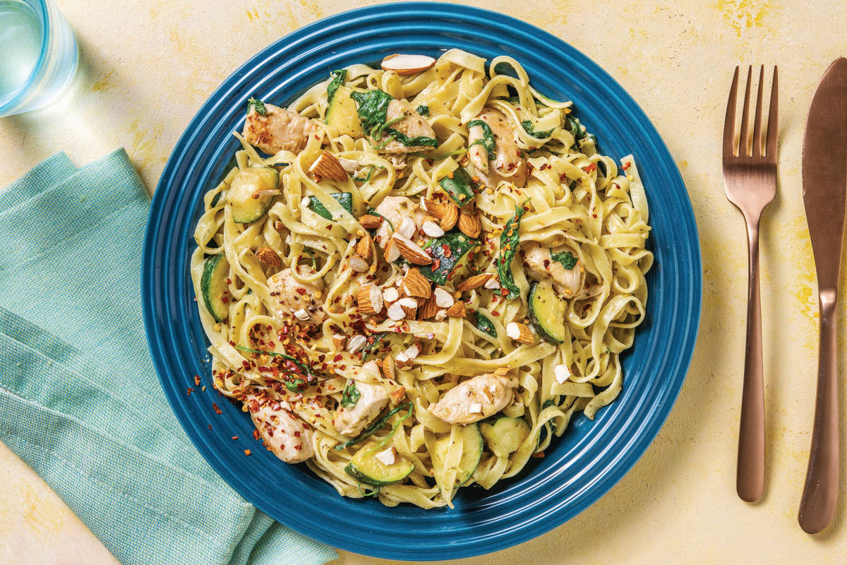 Chicken Alfredo & Fresh Fettuccine with Greens & Almonds