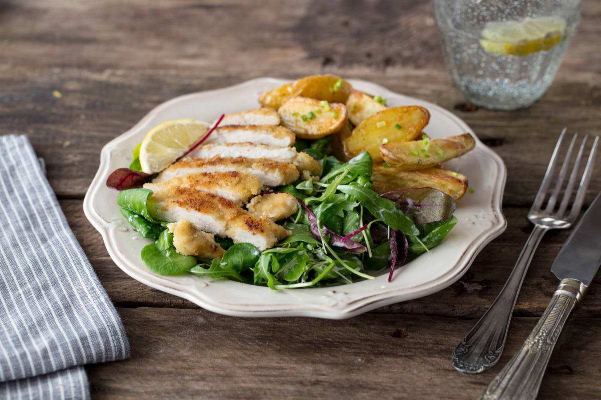 Chicken Milanese with Roasted New Potatoes and Chives