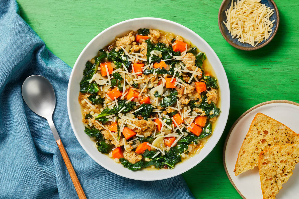 Chicken Sausage, Couscous & Kale Soup