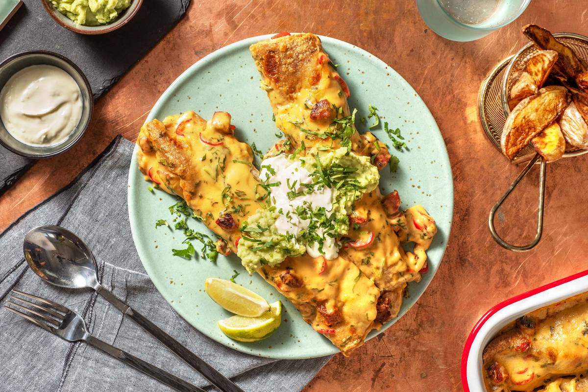 Cheese & Chorizo Loaded Chilli Beef Enchiladas