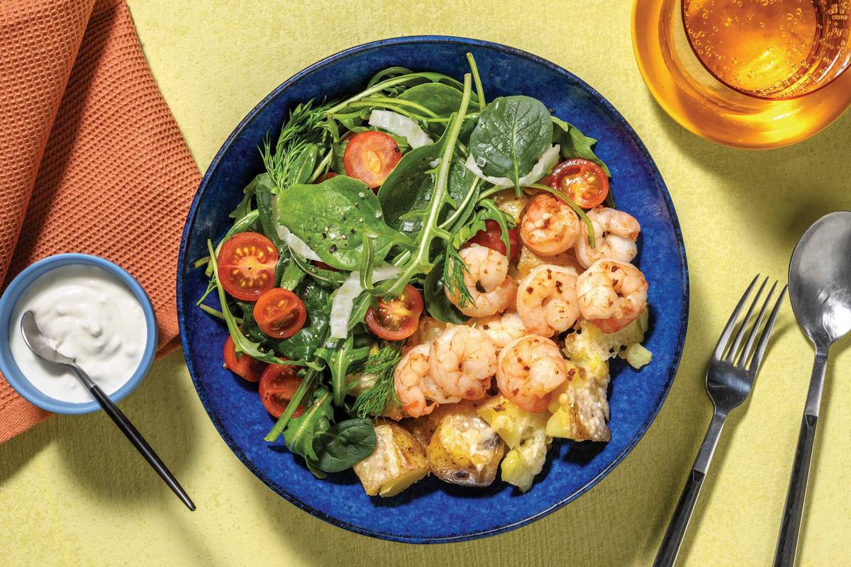 Chilli-Garlic Prawns & Tomato-Rocket Salad
