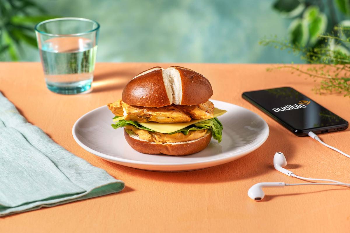 Chipotle Chicken Mayo Pretzel Bun with Monterey Jack and Baby Gem