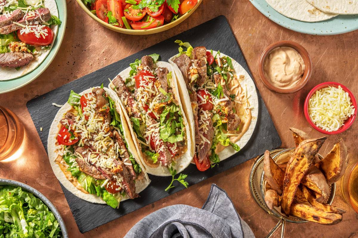 Chipotle Steak Tacos and Chimichurri Tomato Salad