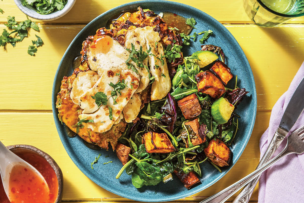Sweetcorn-Zucchini Fritter & Haloumi Stack