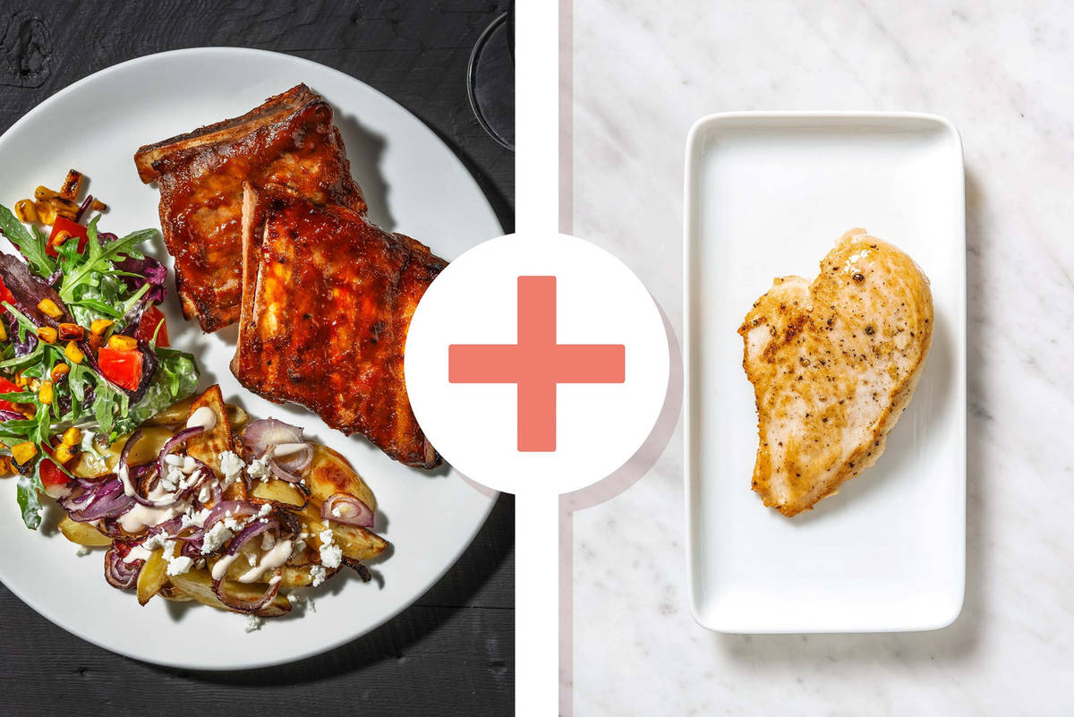 Côtes levées de porc BBQ, poitrines de poulet et pommes de terre au chipotle