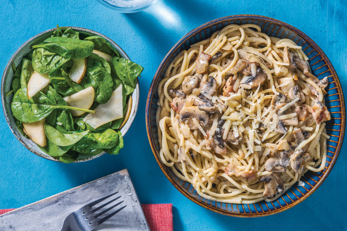 Creamy Double Bacon & Mushroom Spaghetti
