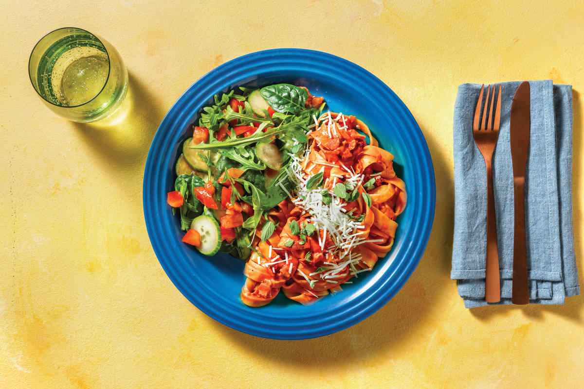 Creamy Bacon & Tomato Fresh Fettuccine with Salad