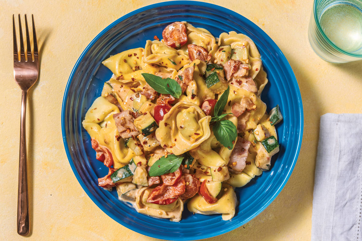 Creamy Bacon Tortellini Primavera with Basil