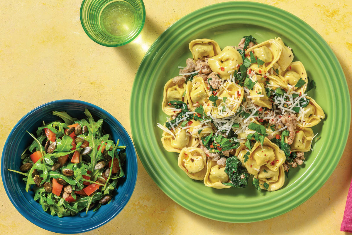 Pork & Ricotta Tortellini with Salad & Spiced Pumpkin Seeds