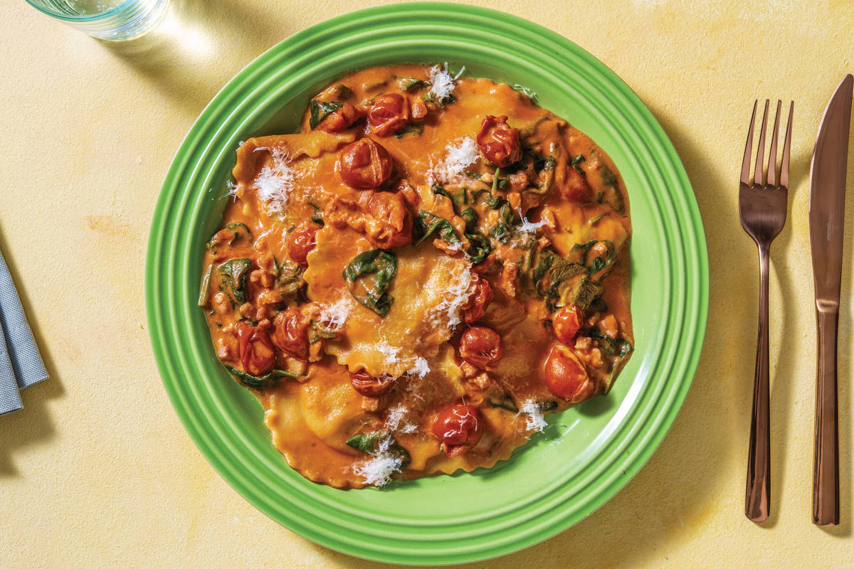 Creamy Bacon & Pumpkin Ravioli with Cherry Tomatoes