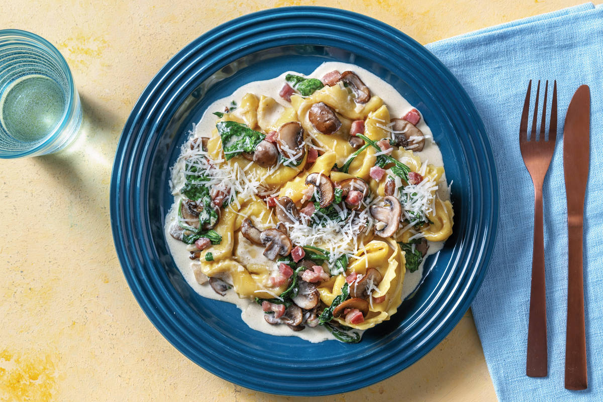 Creamy Pumpkin Ravioli & Bacon with Mushrooms & Sage