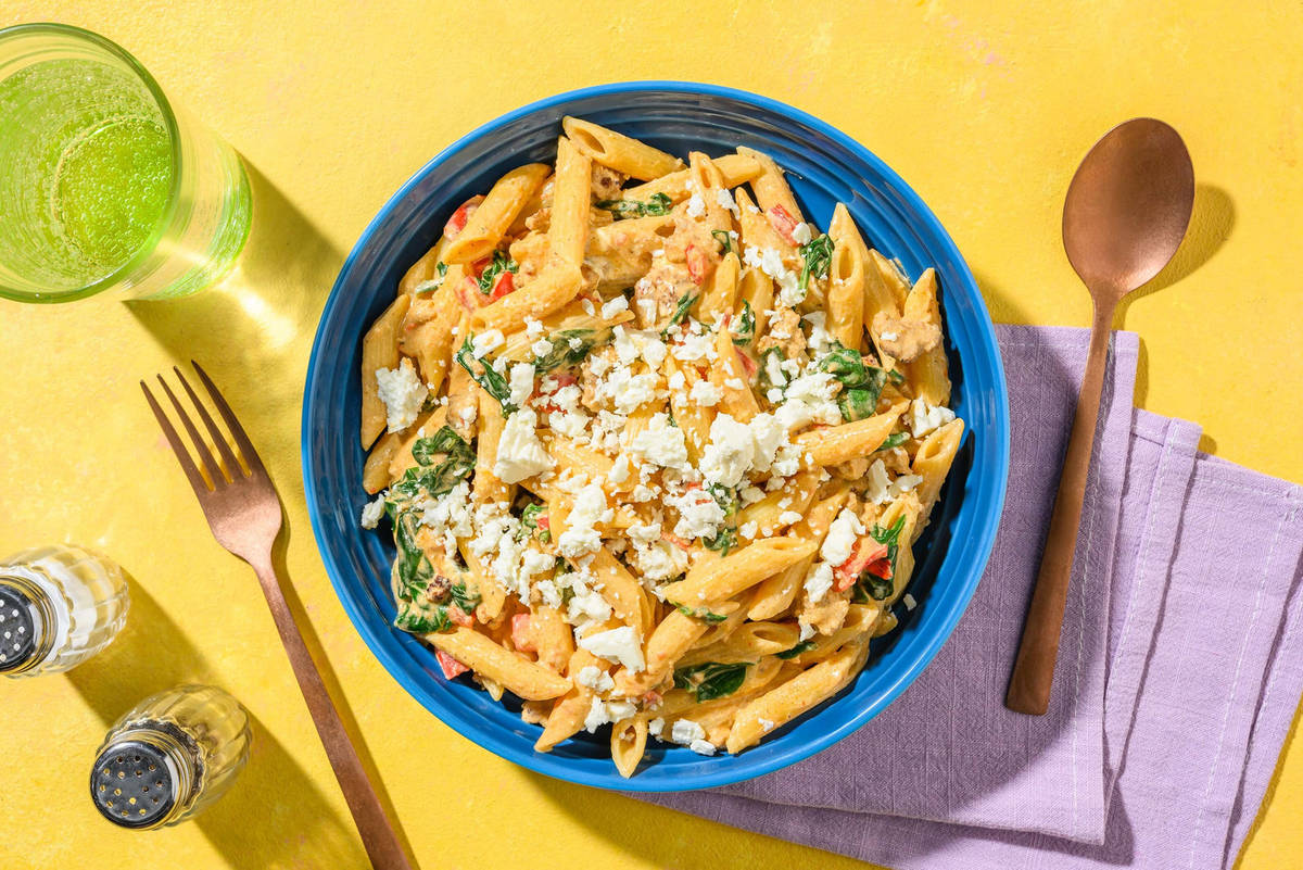 SuperQuick Creamy Plant-Based Protein Shreds and Bell Pepper Penne