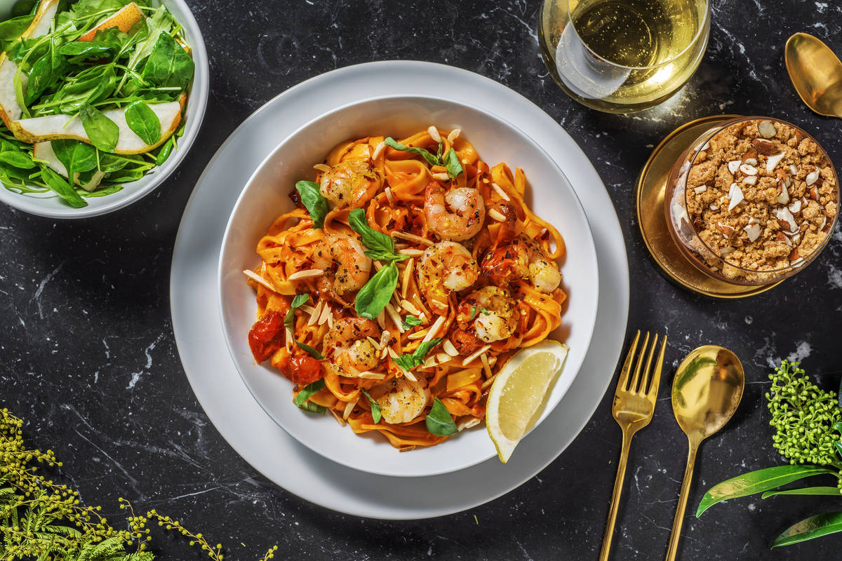 Creamy Tomato & Prawn Fettuccine with Pear & Rocket Salad for Dinner