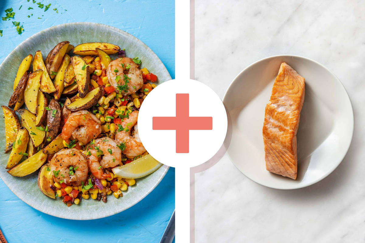 Lemon-Garlic Salmon, Shrimp, Corn and Peppers