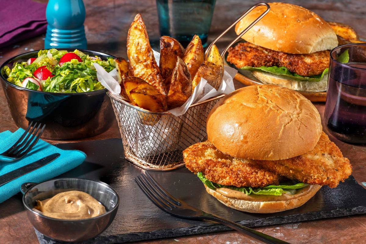 Crispy Chicken Katsu Burger and Wedges