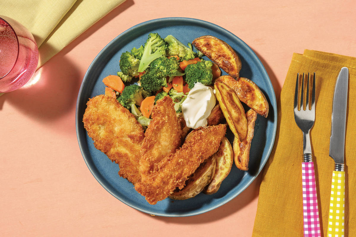 Crispy Chicken Strips with Potato Wedges & Steamed Veggies