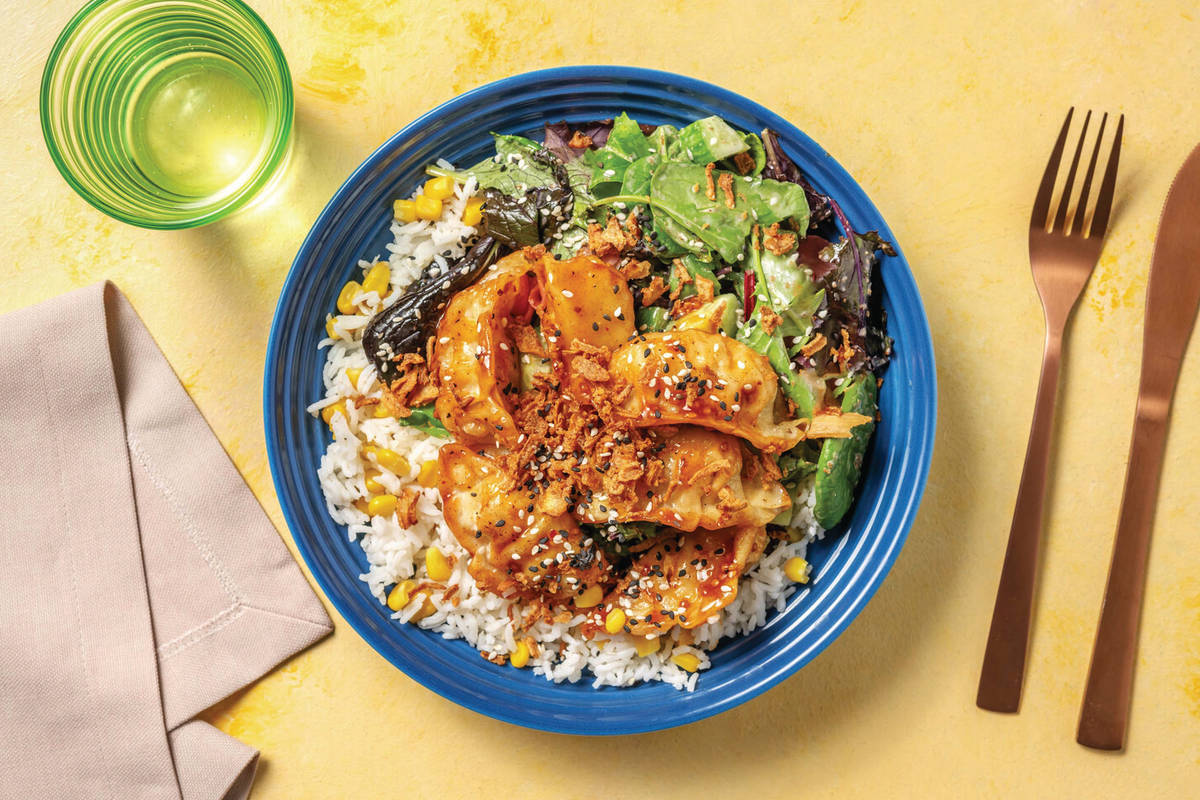 Crispy Pork Gyoza & Corn Rice Bowl with Sesame Cucumber Salad