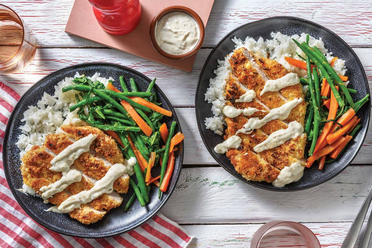 Crispy Shallot Crumbed Pork & Garlic Soy Veggies
