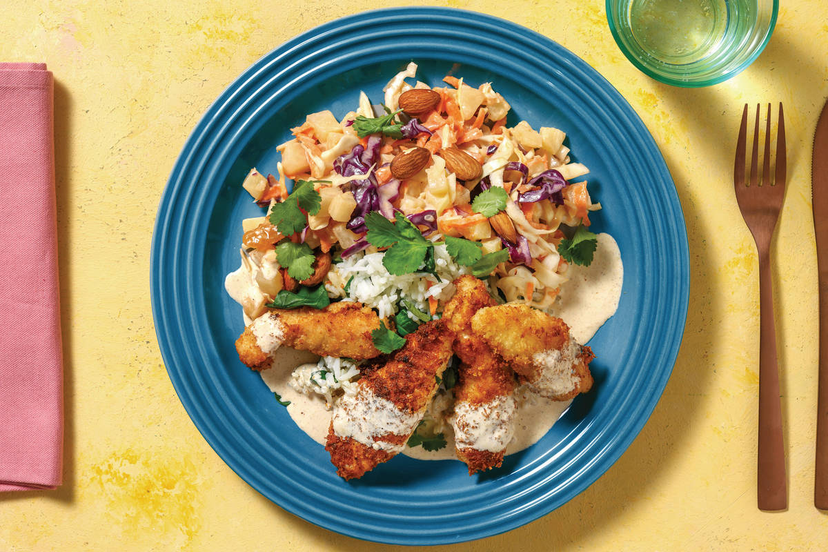 Crumbed Chicken & Caribbean Coconut Sauce with Spinach Rice