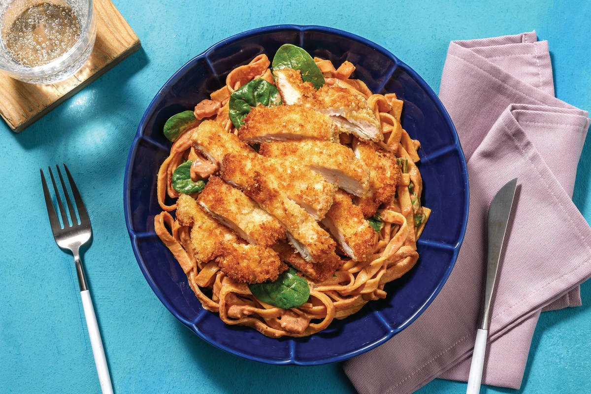 Crumbed Chicken & Creamy Tomato Spaghetti